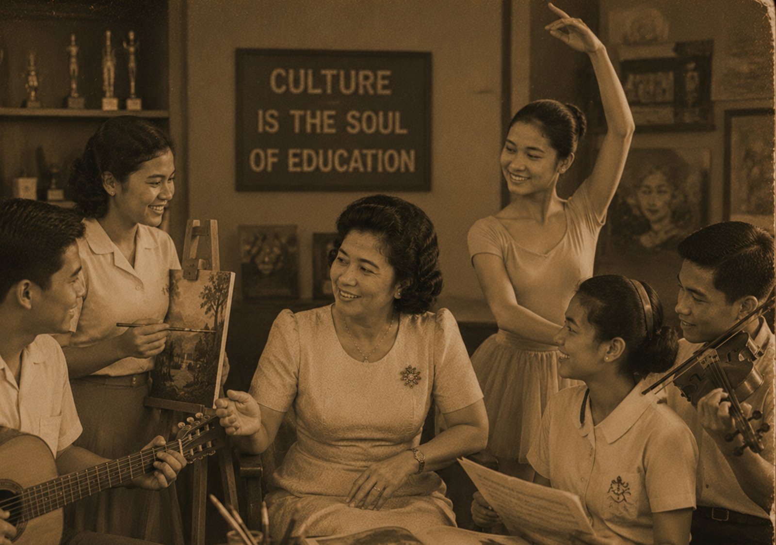 Sepia-toned illustration of artistic learning through painting, dance, music, and shared cultural expression
