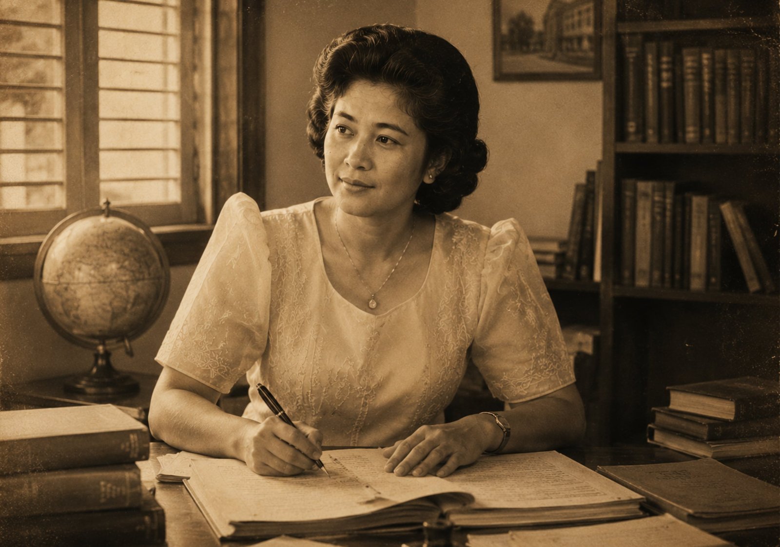 Sepia-toned illustration of an educator writing at a desk surrounded by books