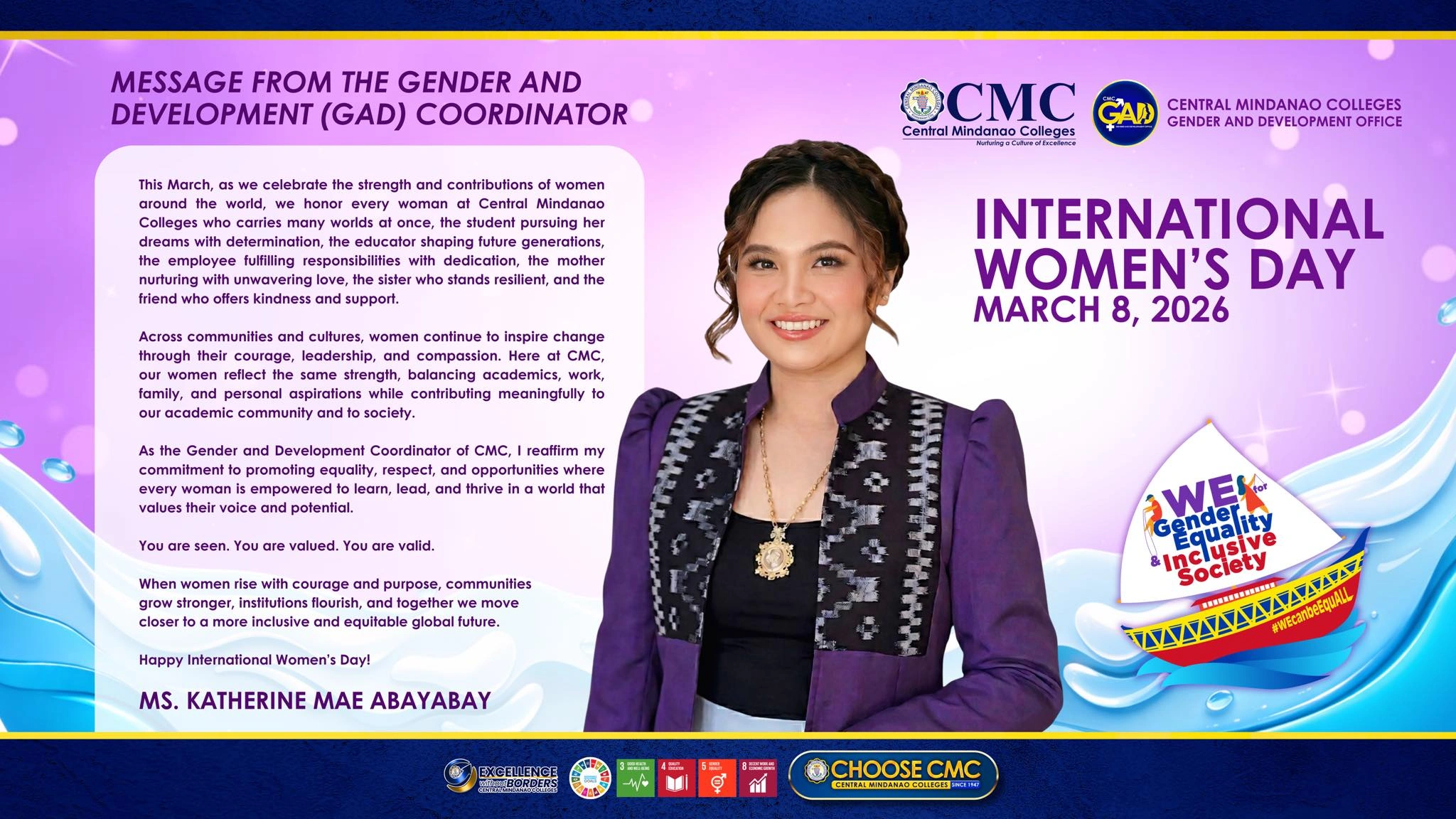 Message from the CMC Gender and Development (GAD) Coordinator, Ms. Katherine Mae Abayabay