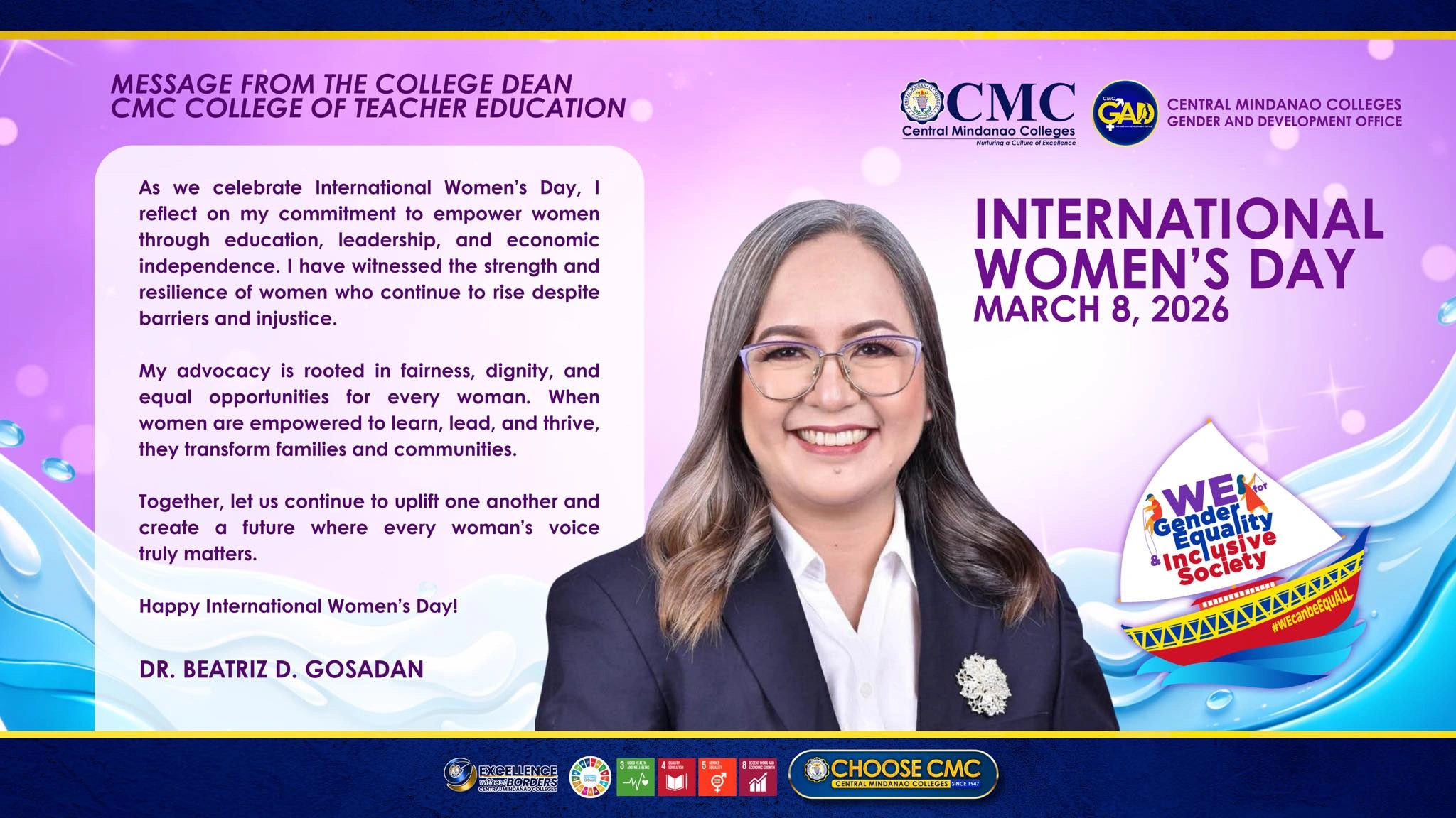 Message from the College Dean | CMC College of Teacher Education Dr. Beatriz D. Gosadan